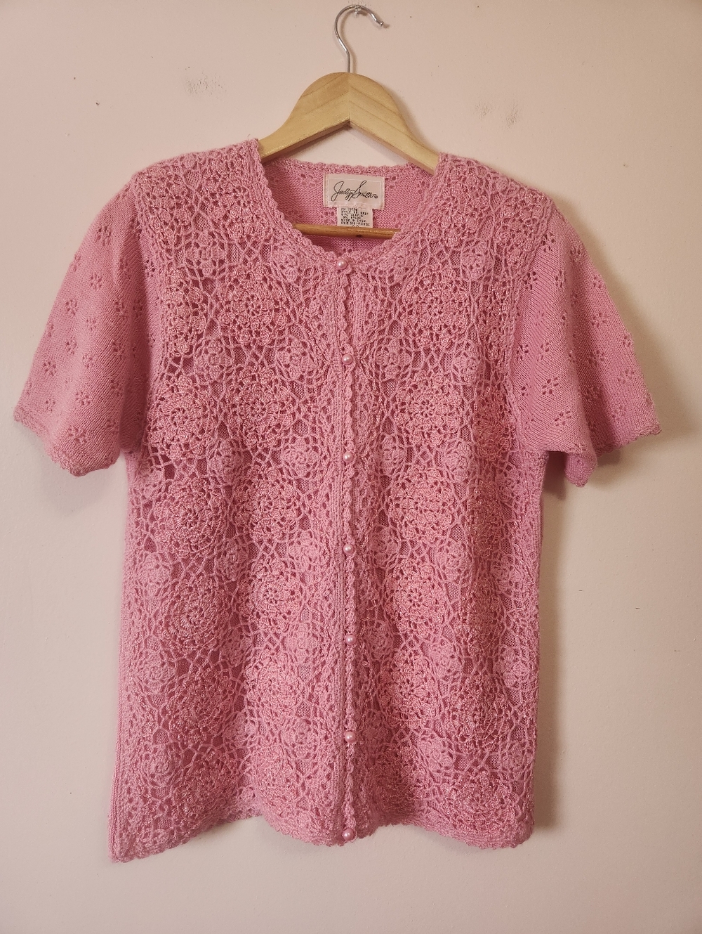 Vintage Jaclyn Smith Pink Crochet Knit Cardigan Pearl Button Short Sleeve Size M